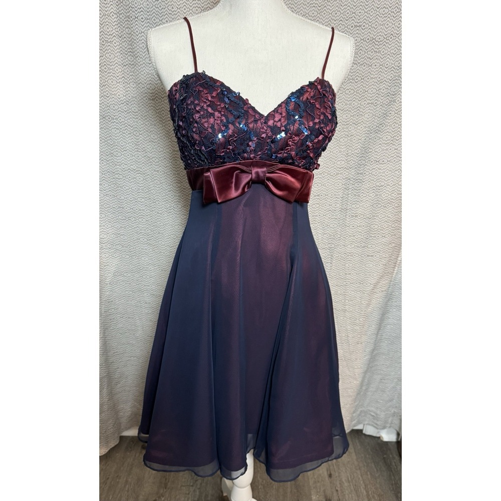 De Laru Vintage Blue Maroon Short Linda Bernell formal dress sequin bow size 7/8